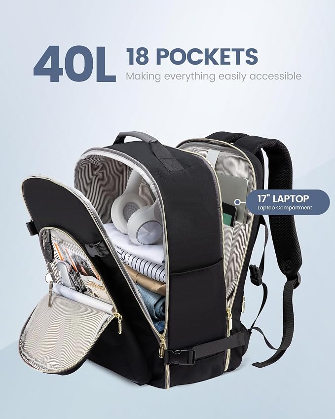 LOVEVOOK 40L Travel Backpack Flight Approved Carry on Backpack,3 Packing Cubes,Waterproof Personal Item Travel Bag,TSA Carry on Luggage Suitcase Travel Essentials,Gifts for Women & Men,fits 17" Laptop - Image 3