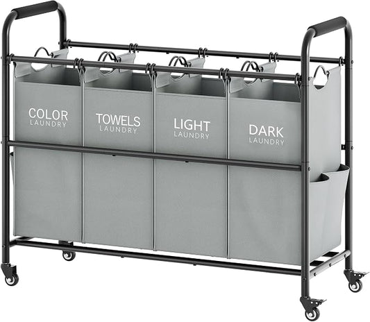 Tajsoon 4 Bag Laundry Sorter Cart, 4 Section Laundry Hamper Sorter with Heavy Duty Lockable Rolling Wheels, Laundry Separator Hamper with Removable Bags for Dirty Clothes Storage, Grey by Tajsoon