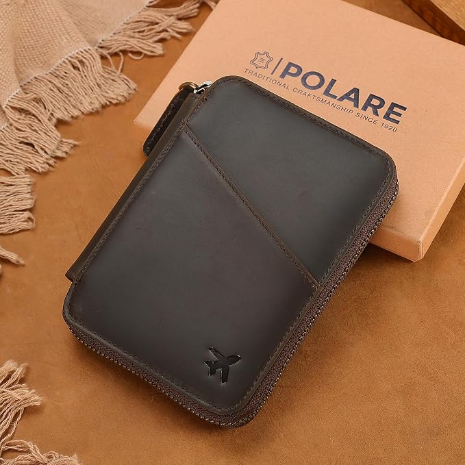 Polare Leather Pilot Wallet Passport Holder RFID Blocking Tri-fold Travel Cover Document Organizer for Aviation Professionals (Dark Brown(YKK Zipper Version)) - Image 5