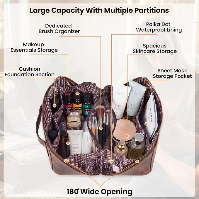 LEATHER VILLAGE Genuine Leather Travel Dopp Kit for Men & Women – Open Flat Large Capacity Cosmetic Bag with Water-Resistant Lining – Skin Care, Brushes, Shaving & Bathroom Essentials Organizer- Brown - Image 2