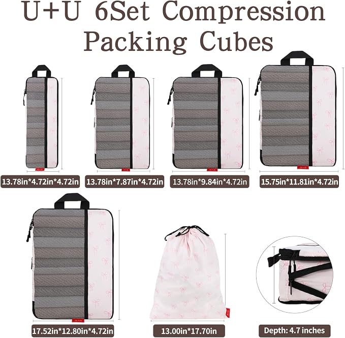 U+U 6 Set Compression Packing Cubes - Ultralight Travel Organizers with Laundry Bag, Space-Saving Suitcase Organizer, Expandable Packing Cubes for Travel, Business Trip and Family Vacation (Pink Bow) - Image 3