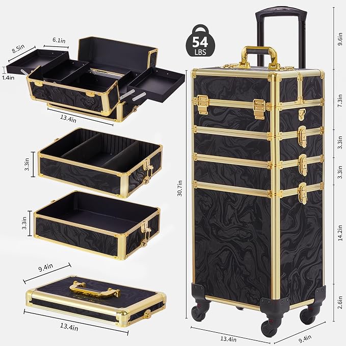 Somduy Rolling Makeup Case, Makeup Train Case with Lid, 5 in 1 Cosmetology Case on Wheels, Christmas Gift, Large Makeup Organizers, Profesional Cosmetic Case for Salon Barber, Pattern Black Gold - Image 3