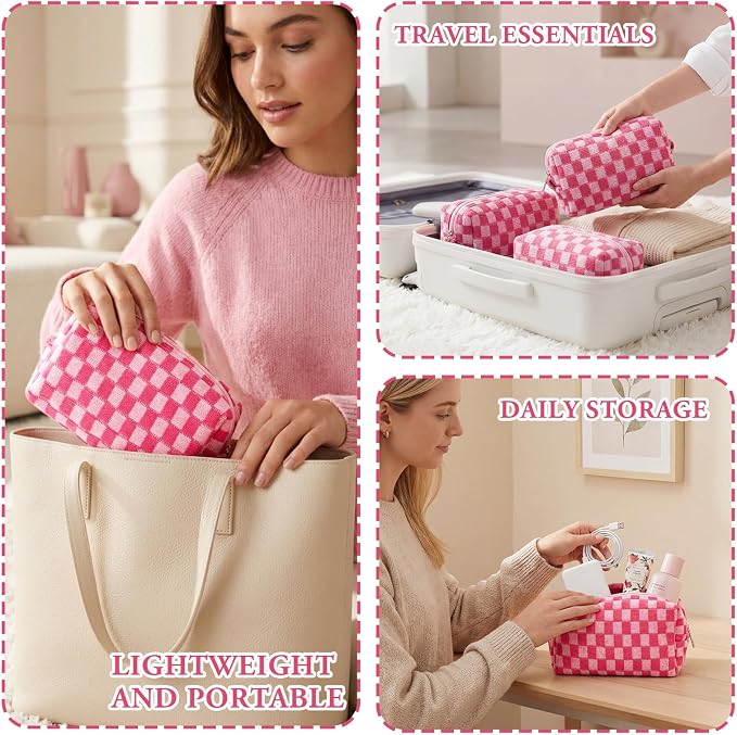 Gilprop 8 Pcs Checkered Makeup Bag for Purse Small Cosmetic Pouch Bulk Portable Zipper Makeup Pouch Travel Toiletry Organizer Gifts for Women Bridesmaid Wedding Party Favors (Hot Pink) - Image 6