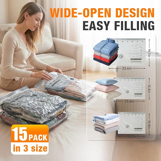 Space Saver Vacuum Storage Bags with Portable Electric Pump, Vacuum Seal Bags for Clothing Travel, Compression Bags for Travel & Home, Clothes, Blankets, Seasonal Storage, 15 Combo (5L/5M/5S) - Image 4