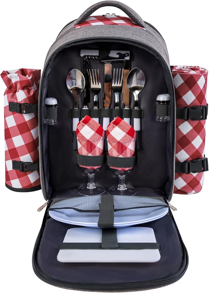 apollo walker Picnic Backpack Bag with Cooler Compartment, Detachable Bottle/Wine Holder, Fleece Blanket, Plates and Cutlery Set (2 Person, Gray) by apollowalker