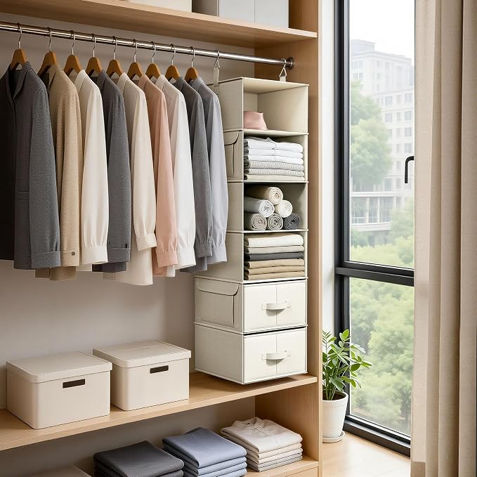 Vailando 6-Shelf Hanging Closet Organizer with 3 Drawers, 6-Shelf Inseparable Closet Organizers and Storage for Wardrobe Organization, Hanging Dresser for Nursury & Dorm Clothes Organizer, Beige - Image 8