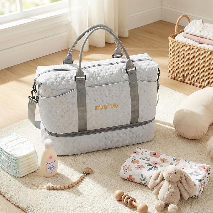 Dansydaisy Mama Hospital Bag for Women Labor Delivery Travel Duffle Bag with Shoe Compartment and Toiletry Pouch Waterproof Letter Embroidered for Pregnancy Weekender Overnight Gym Gift, Gray - Image 2