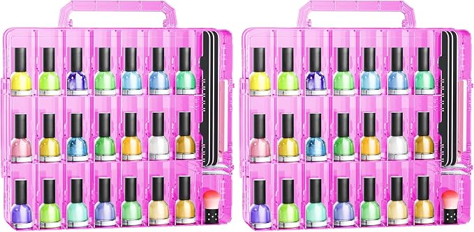 JIASHENG Nail Polish Organizer Case for 48 Bottles, Gel Nail Polish Storage Holder Double Side Adjustable Space Divider for Acrylic Nail Gel Dip Powder Tips Set with Two Toe Separator, Pink by JiashengDirect