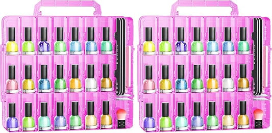 JIASHENG Nail Polish Organizer Case for 48 Bottles, Gel Nail Polish Storage Holder Double Side Adjustable Space Divider for Acrylic Nail Gel Dip Powder Tips Set with Two Toe Separator, Pink by JiashengDirect