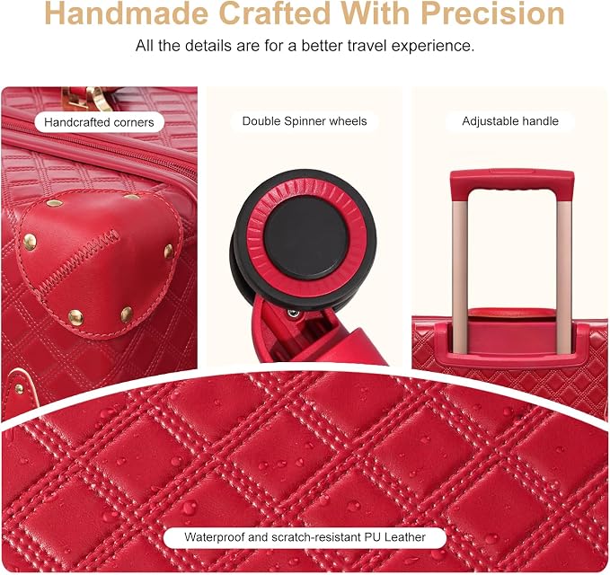 NZBZ Vintage Luggage Sets for Women, 3 Piece PU Leather Retro Suitcase with Spinner Wheels & TSA Lock, Cute Quilted Expandable Carry On Luggage (Retro Burgundy, 20" 24" 28") - Image 7