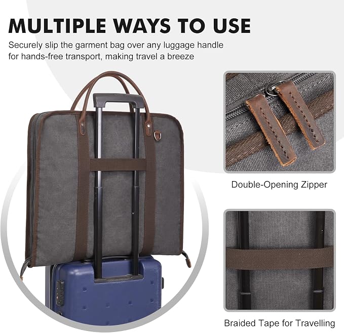S-ZONE Carry on Garment Bag for Business Travel Canvas Leather Men Suit Cover | Leather Handle Straps, Multi-Pocket, Removable Shoulder strap, Trolley Sleeve, for Gym or Daily Use - Image 6