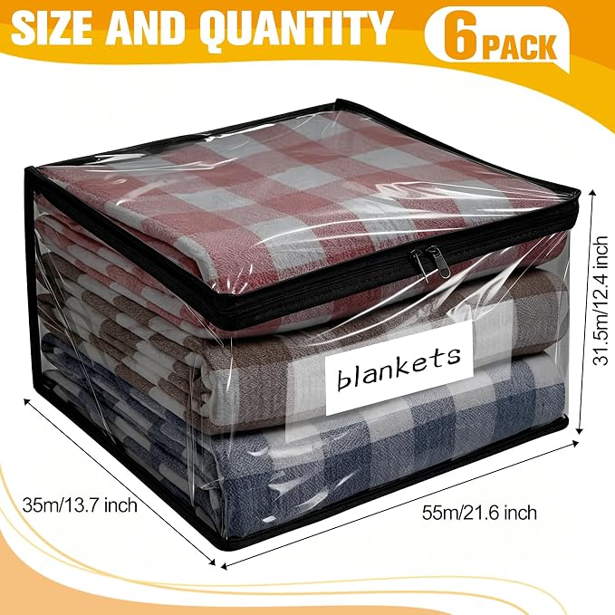 Plastic Storage Bags with Easy-Glide Zipper, Pack of 6, Durable Clear Vinyl Zippered Storage Bags for Clothes Sweaters Comforters Blankets Sheets Bedding (21.6 x 13.7 x 12.4 Inch, Black) - Image 2