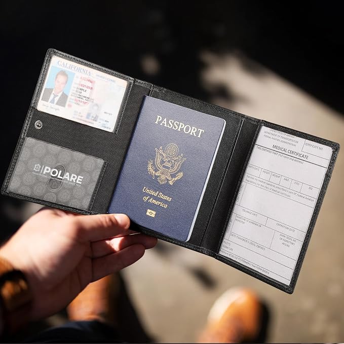Polare Napa Leather Pilot Wallet Passport Holder RFID Blocking Tri-fold Travel Cover Document Organizer for Aviation Professionals (Black) - Image 2