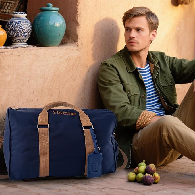 Duffle Bag for Men Boys Personalized Weekender Overnight Bag with Embroidered Name - Vintage Canvas Travel Duffle Bag for Men - Custom Gifts for Groomsmen Father (Navy Blue) - Image 5