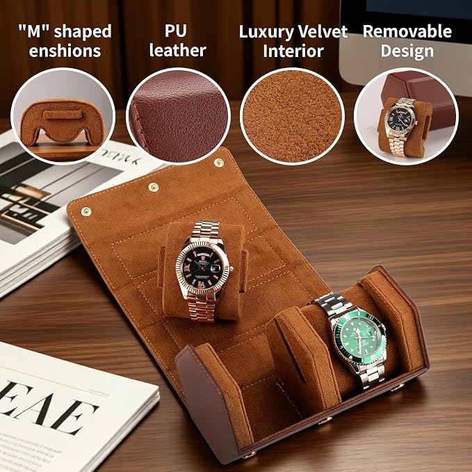 2-Slot Hexagon Leather Watch Roll Travel Case for Men, Brown | Multiple Watch Capacity,Premium Hexagon Leather,Velvet M-Shaped Cushions,Secure Snap Closure,Storage Organizer - Image 5