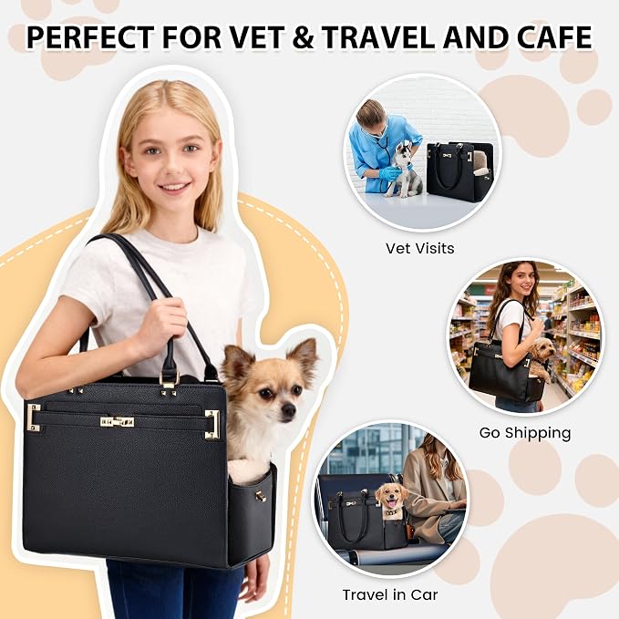 Dog Purse Carrier for Small Dogs, Stylish Foldable Pet Carrier Purse Tote Bag with Washable Cushion & Safety Leash, Airline Approved Puppy Travel Bag with Pockets (Black) - Image 3