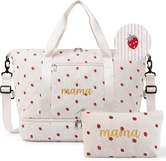 Dansydaisy Strawberry Mama Hospital Bag for Women Labor Delivery Travel Duffle Bag with Shoe Compartment Toiletry Pouch Waterproof Letter Embroidered for Pregnancy Weekender Overnight Gym Gift, Beige by Dansydaisy