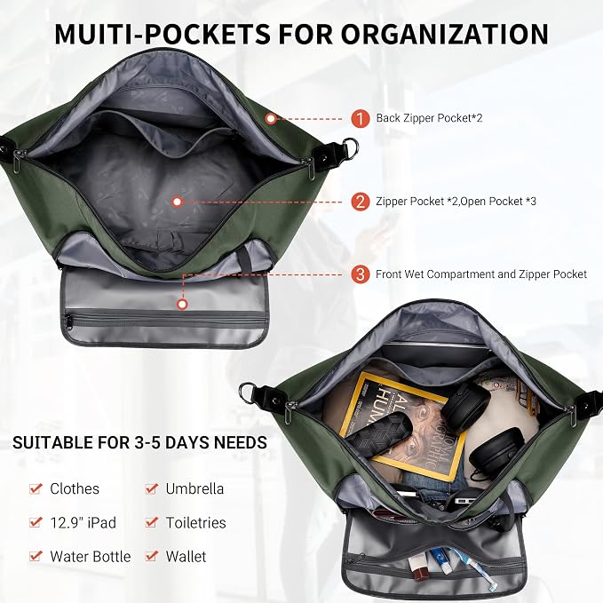 WITZMAN Nylon Duffle Bag for Men 55L with Toiletry Bag Sets Overnight Bag | Multi-pockets with Shoe Compartment and Dry-wet Pocket, Carry On, Convertible for Gym, Overnight, Sports, B696 Army Green - Image 3