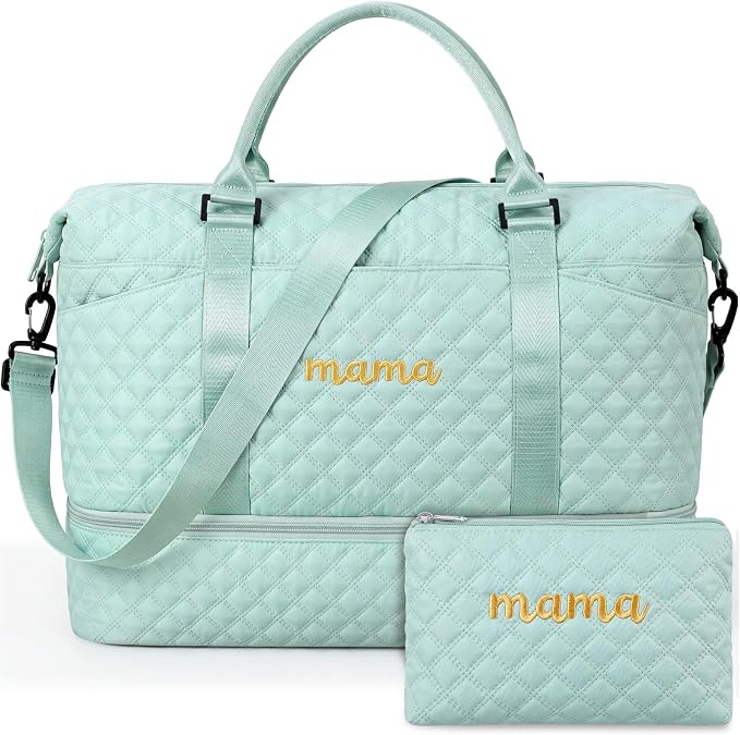 Dansydaisy Mama Hospital Bag for Women Labor Delivery Travel Duffle Bag with Shoe Compartment and Toiletry Pouch Waterproof Letter Embroidered for Pregnancy Weekender Overnight Gym Gift, Green by Dansydaisy