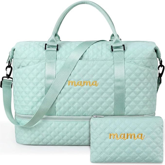Dansydaisy Mama Hospital Bag for Women Labor Delivery Travel Duffle Bag with Shoe Compartment and Toiletry Pouch Waterproof Letter Embroidered for Pregnancy Weekender Overnight Gym Gift, Green by Dansydaisy