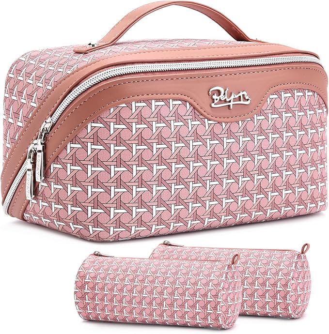 BOYATU Travel Makeup Bag Cosmetic Bags for Women: Large Capacity 3 Pcs Set Make up Bag with Compartments - Waterproof Vegan Leather Toiletry Organizer Bags with Handle (M-79Pink) by BOYATU