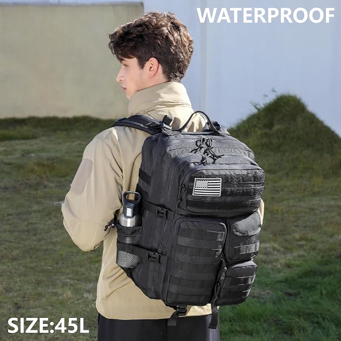 Wotony Tactical Backpack - Military waterproof backpack with multiple pockets and tactical gear for the outdoors (Black, 45L) - Image 4