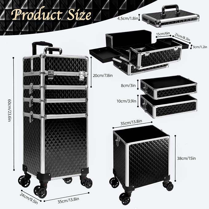 5 in 1 Rolling Makeup Train Case Professional Cosmetic Trolley Large Storage Organizer on Wheels for Hairstylist Artist Nail Beauty Salon Barber Black - Image 6