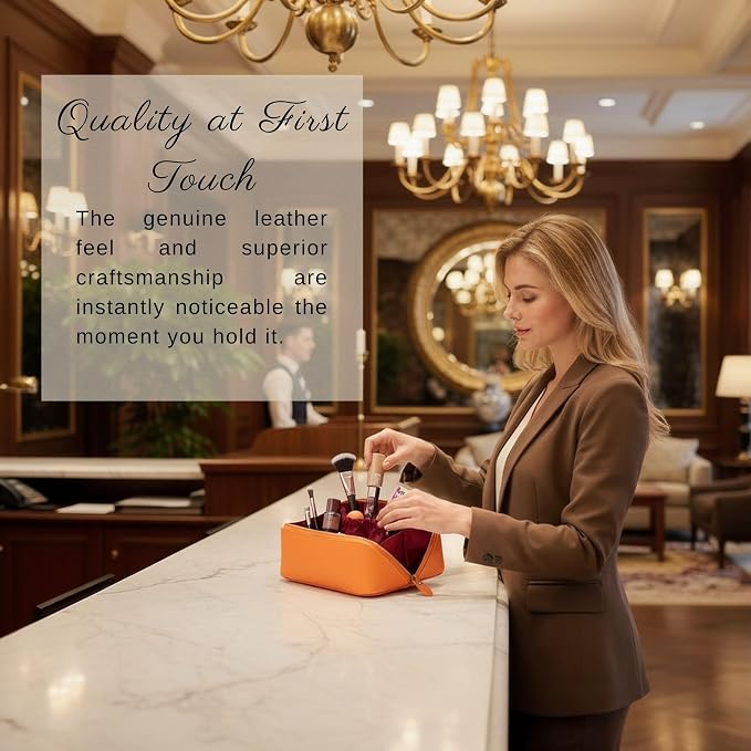 VENOULT Makeup Bag, Spacious Cosmetic Case for Women, Portable 180° Wide-Open Flat Cosmetic Bag, Travel Toiletry Organizer with Handle, Hanmdade, Full Grain Genuine Turkish Leather (Mango) - Image 7