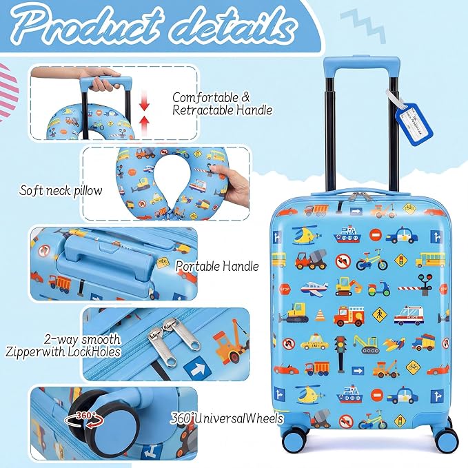 Sanwuta 4 Pcs Kids Luggage Set Back to School Gifts for Girls Boys Carry On Rolling Suitcase Backpack Neck Pillow Travel Set(18 Inch,Car Style,Blue) - Image 4