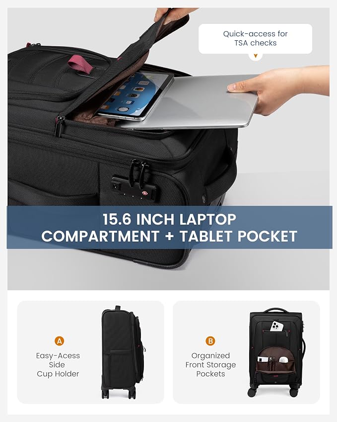 Carry On Luggage 22x14x9 Airline Approved, 22-Inch Suitcases with Spinner Wheels, Softside Carry-on Luggage with TSA Lock for Men Women Business Trip, Lightweight Large Capacity Luggage for Travel - Image 3