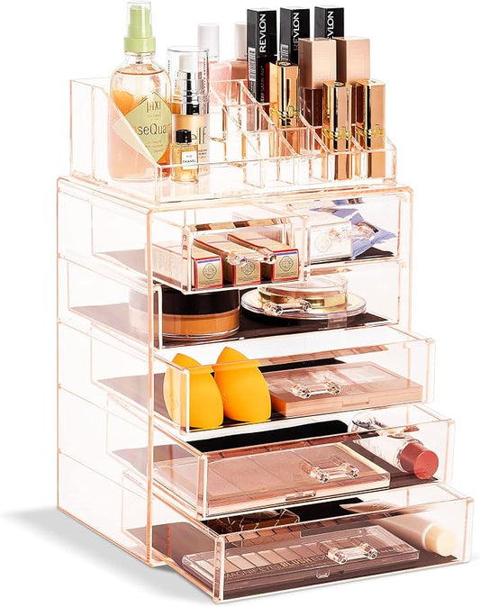 Sorbus Acrylic Makeup Organizer Set, 6-Drawer Vanity & Countertop Cosmetic Storage with Small & Wide Compartments, Pink Makeup Storage for Brushes, Jewelry – Holiday Gift for Women & Teens by Sorbus