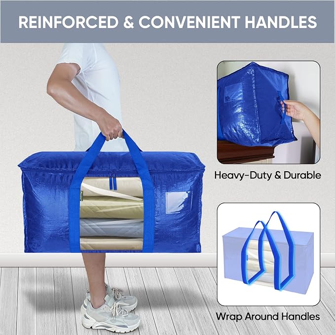 BALEINE 2-Pack Oversized Moving Bags with Reinforced Handles, Heavy-Duty Storage Tote Moving Supplies for Packaging, Camping (Blue w/Window, 2-Pack) - Image 4