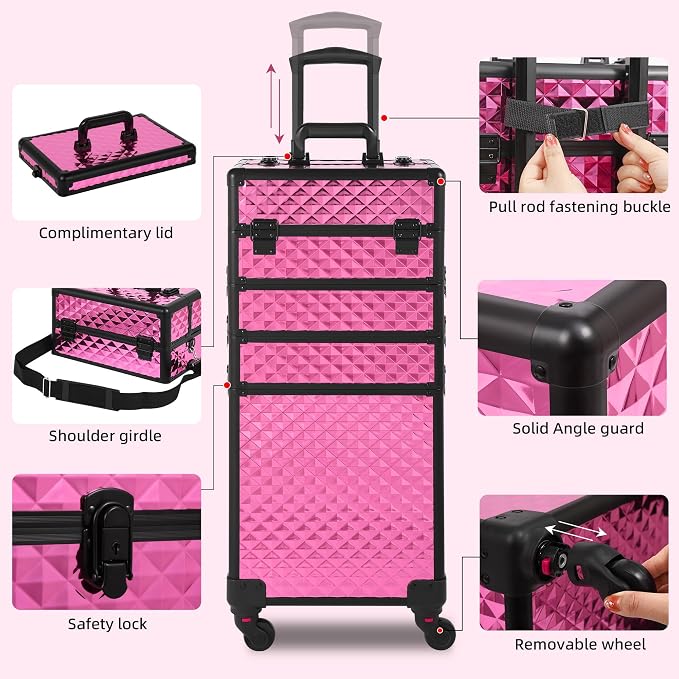 Somduy Rolling Makeup Case, Makeup Train Case with Lid, 5 in 1 Cosmetology Case on Wheels, Christmas Gift, Large Makeup Organizers, Profesional Cosmetic Case for Salon Barber, Rose Red - Image 3