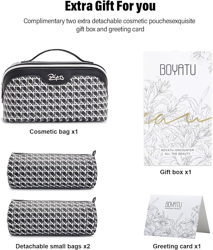 BOYATU Travel Makeup Bag Cosmetic Bags for Women: Large Capacity 3 Pcs Set Make up Bag with Compartments - Waterproof Vegan Leather Toiletry Organizer Bags with Handle (M-76Black) - Image 5