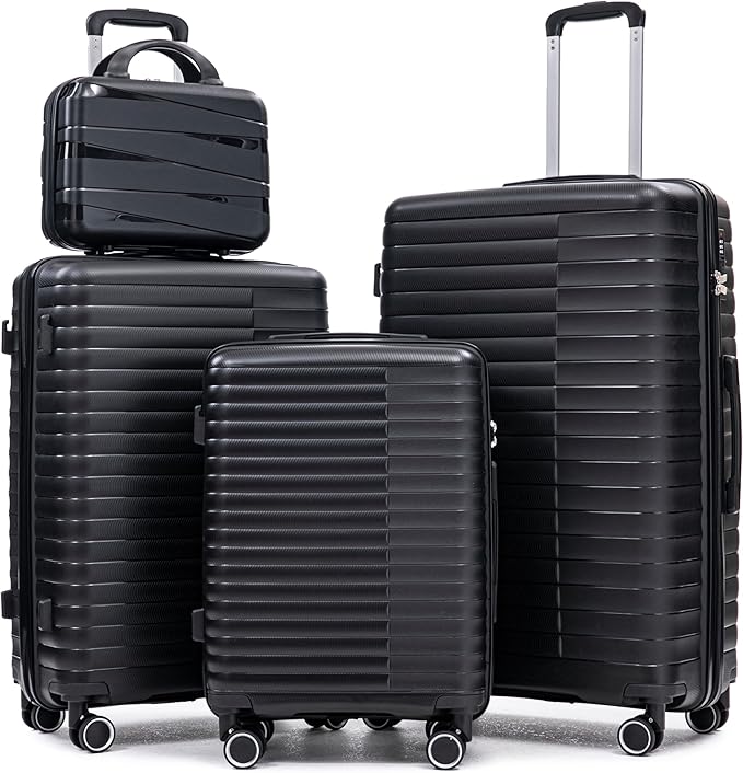 Hardshell Luggage Sets, Lightweight Stripes Suitcases with Spinner Wheels, Black-PP by Merax