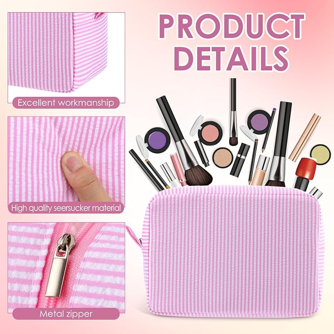 Sanwuta 6 Seersucker Cosmetic Bag Bulk Striped Makeup Bag for Women Aesthetic Cute Travel Toiletry Organizer Preppy Storage Pouch for Wedding Bridesmaid Mother's Day Teacher Gift (Large,Macaron Color) - Image 3