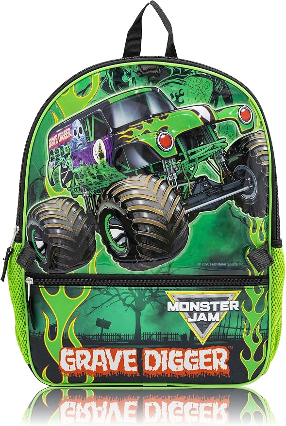 Fast Forward Monster Jam Backpack Set for Boys | 4-Piece Monster Truck Bookbag with Lunch Bag, Headphones, and Dangle | Grave Digger Kids School Backpack | Ages 3+ - Image 3