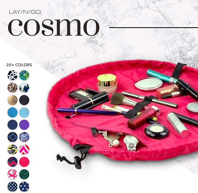 Lay-n-Go Cosmo Layflat Drawstring Cosmetic & Makeup Bag Organizer w/Zipper Pocket, Brush Loops & More, Cinch to Close, Lay Flat to Use, Durable, Machine Wash, Travel Toiletry Bag (20", Pink) - Image 5