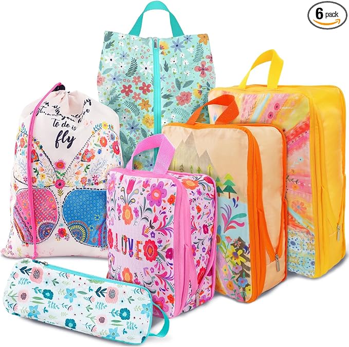 6 Set Packing Cubes Compression Bags for Travel, Floral Packing Organizers for Luggage with Shoe Bags for Packing In Suitcase, Colorful Compression Bags for Storage Trip and Family Vacation by Unknown