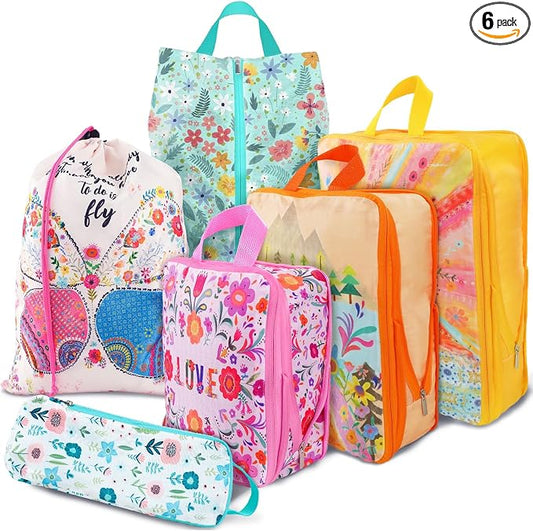 6 Set Packing Cubes Compression Bags for Travel, Floral Packing Organizers for Luggage with Shoe Bags for Packing In Suitcase, Colorful Compression Bags for Storage Trip and Family Vacation by Unknown