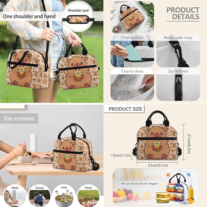 Cute Capybara Backpack for Boys Girls Elementary School Bookbag Satchel 4 Pack Backpacks with Insulated Lunch Bag and Pencil Case Water Bottle Holder Set - Image 7