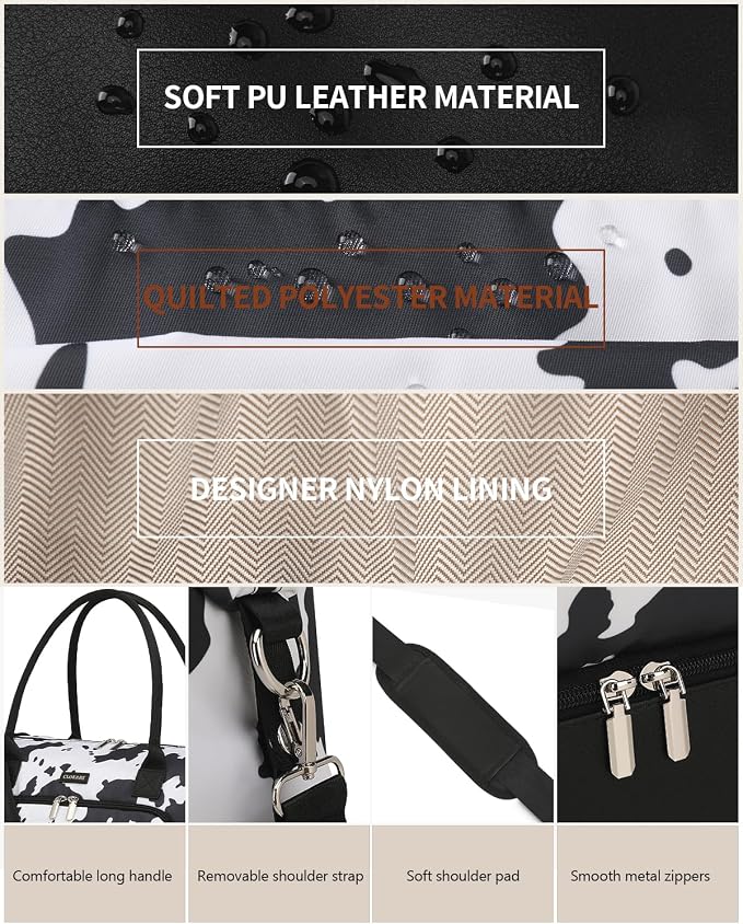 Weekender Bags for Women, Travel Duffle Bag Carry On Overnight Bag with Cosmetics Bag and Crossbody Purse for Gym Hospital, Gifts for Women, Cow Print Black - Image 7