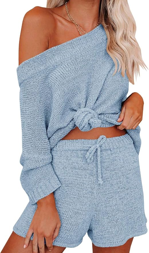 Ermonn Womens 2 Piece Outfits Sweater Sets Off Shoulder Knit Tops Waist Short Suits Casual Pajama Set - Image 2