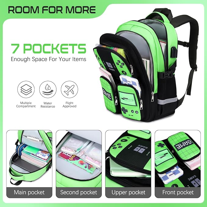 Gamer Backpack for Boys , 3PCS Boys Backpack with Lunch Box & Pencil Pouch, Waterproof School Bags for Boy Kids Children Teens, Elementary Middle School, Kids Book Bag Casual Daypack (Neon Green) - Image 3