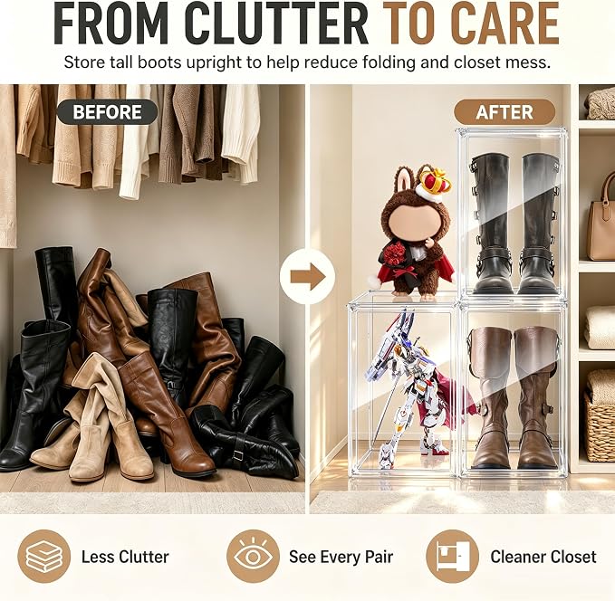 23.6'' Tall Boot & Shoe Boxes, Clear Dustproof Acrylic Display Case | 13.8'' x 12.2'' x 23.6'' tall display case for boots, upright handbags, dolls, figures and display storage,1 Pack - Image 6