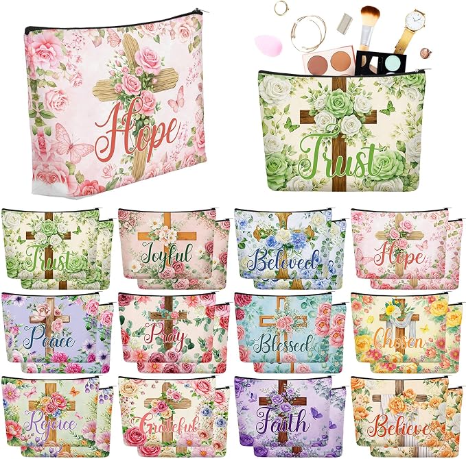 Sweetude 24 Pcs Religious Makeup Bag Bulk Christian Flower Cross Portable Travel Cosmetic Bags with Zipper Cross Waterproof Roomy Travel Toiletry Organizer Storage Beauty Pouch for Women Gifts by Sweetude