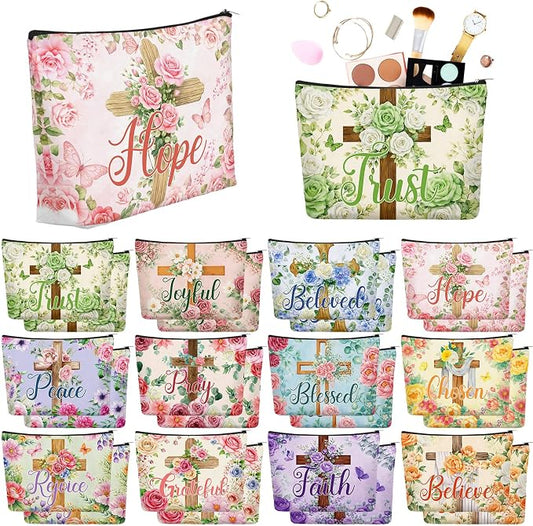 Sweetude 24 Pcs Religious Makeup Bag Bulk Christian Flower Cross Portable Travel Cosmetic Bags with Zipper Cross Waterproof Roomy Travel Toiletry Organizer Storage Beauty Pouch for Women Gifts by Sweetude