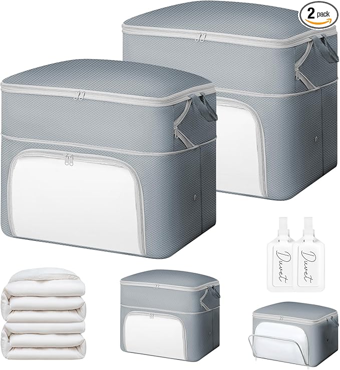 Comforter Storage Bag - Large Capacity Blanket Storage Bags Front-opening Ultra Space Saving Self Compression Organizer, Washable Compression Bags for Storage Comforter Blanket, 2 Pack, Grey by EasortmPackingCubes