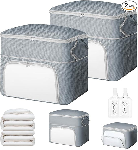 Comforter Storage Bag - Large Capacity Blanket Storage Bags Front-opening Ultra Space Saving Self Compression Organizer, Washable Compression Bags for Storage Comforter Blanket, 2 Pack, Grey by EasortmPackingCubes