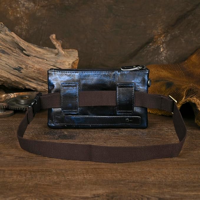 Water Resistant Canvas + Leather Hiking Riding Travel Fanny Waist Pack Small Phone Pouch For Men Women FB811-29 (100% Leather-The 8136 Blue) - Image 2